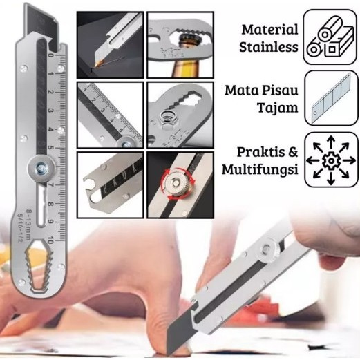 

PISAU CUTTER Stainless 9in1 Pisau Cutter 15mm Super Tajam Tahan Karat Pemotong Serbaguna Pembuka Tutup Botol Baut Skrup Penggaris 10 Cm