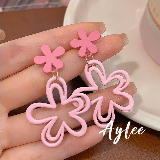 [Aylee]Anting Bunga Merah Muda Anting Pin Perak Wanita Sepasang anting-anting bunga merah muda besar