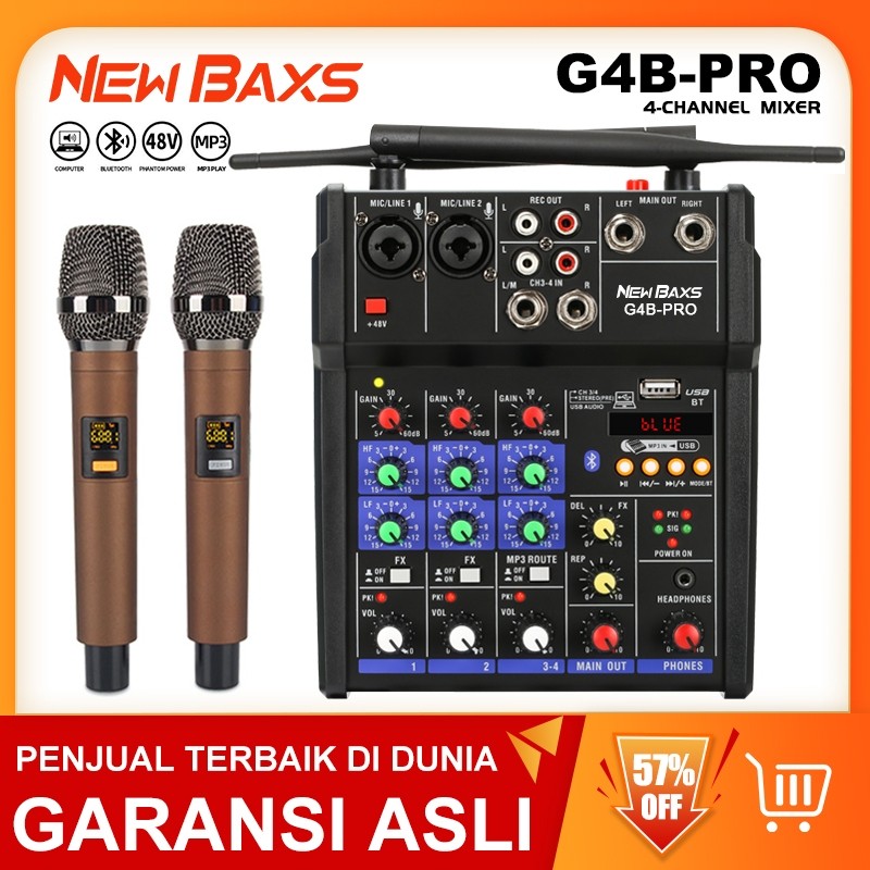 NEW BAXS Mixer Audio Profesional G4B-PRO mixerkecil 4 saluran Mikrofon nirkabel UHFbawaan 2 mikrofon