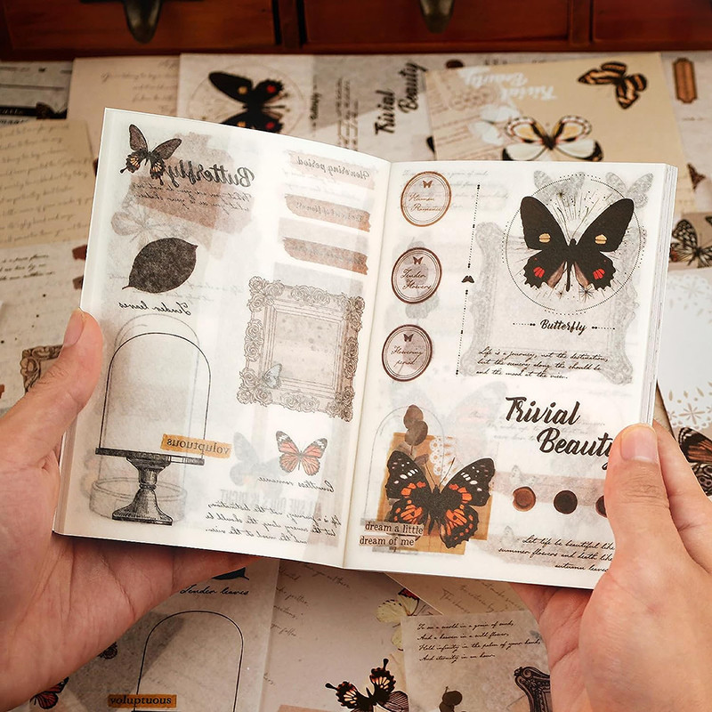 

Washi Stickers for Journaling Vintage Book for Scrapbooking with 180pcs Butterfly Stickers and 20Sheets Adhesive Scrapbook Paper