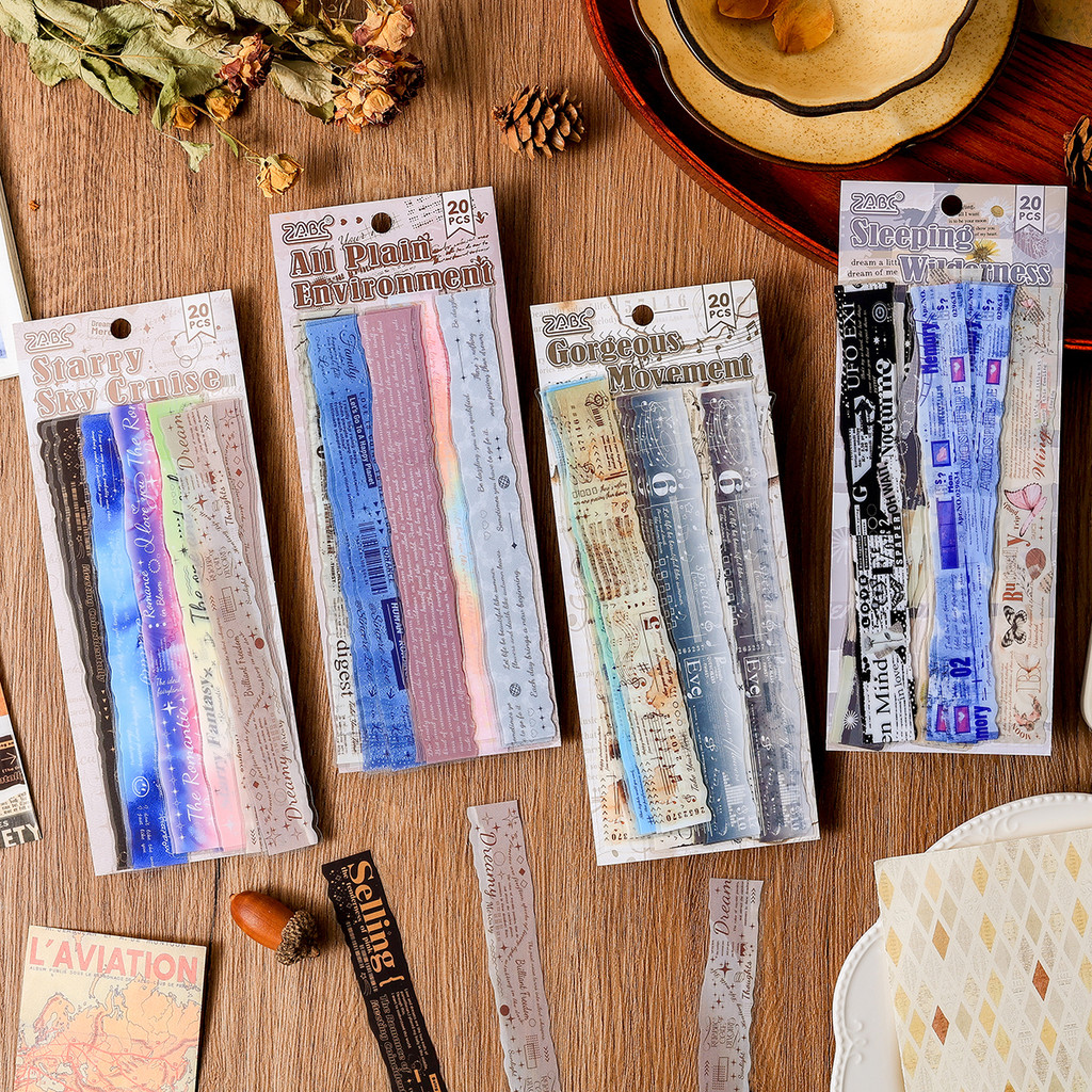 

20 sheets/pack of retro PET waterproof stickers, multi-color letter pattern strip shape design, handbook decoration stickers