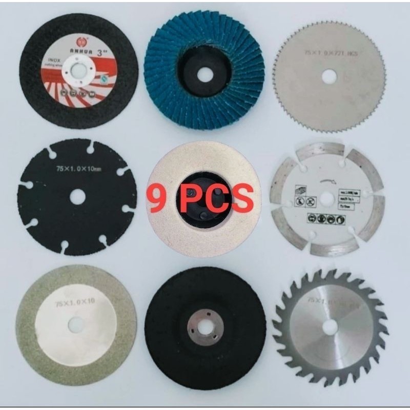 PAKET LENGKAP 9PCS Mata Mini Gerinda Cordless 3 Inch Potong Kayu Besi Kaca Keramik Amplas Batu Asa M