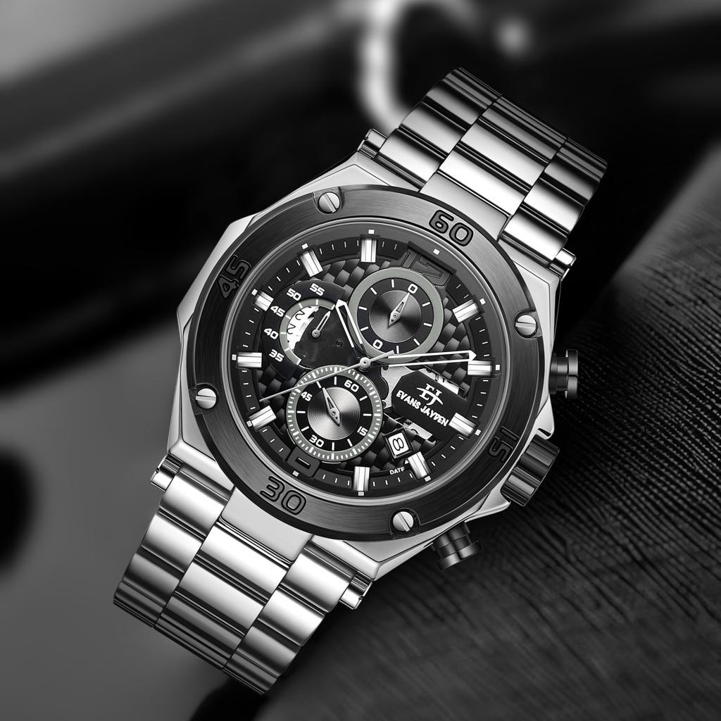 Evans Jayden Jam Tangan Pria EJ 9839 Rantai Stainless Steel Chronograph Kaca Sapphire Water Resistan