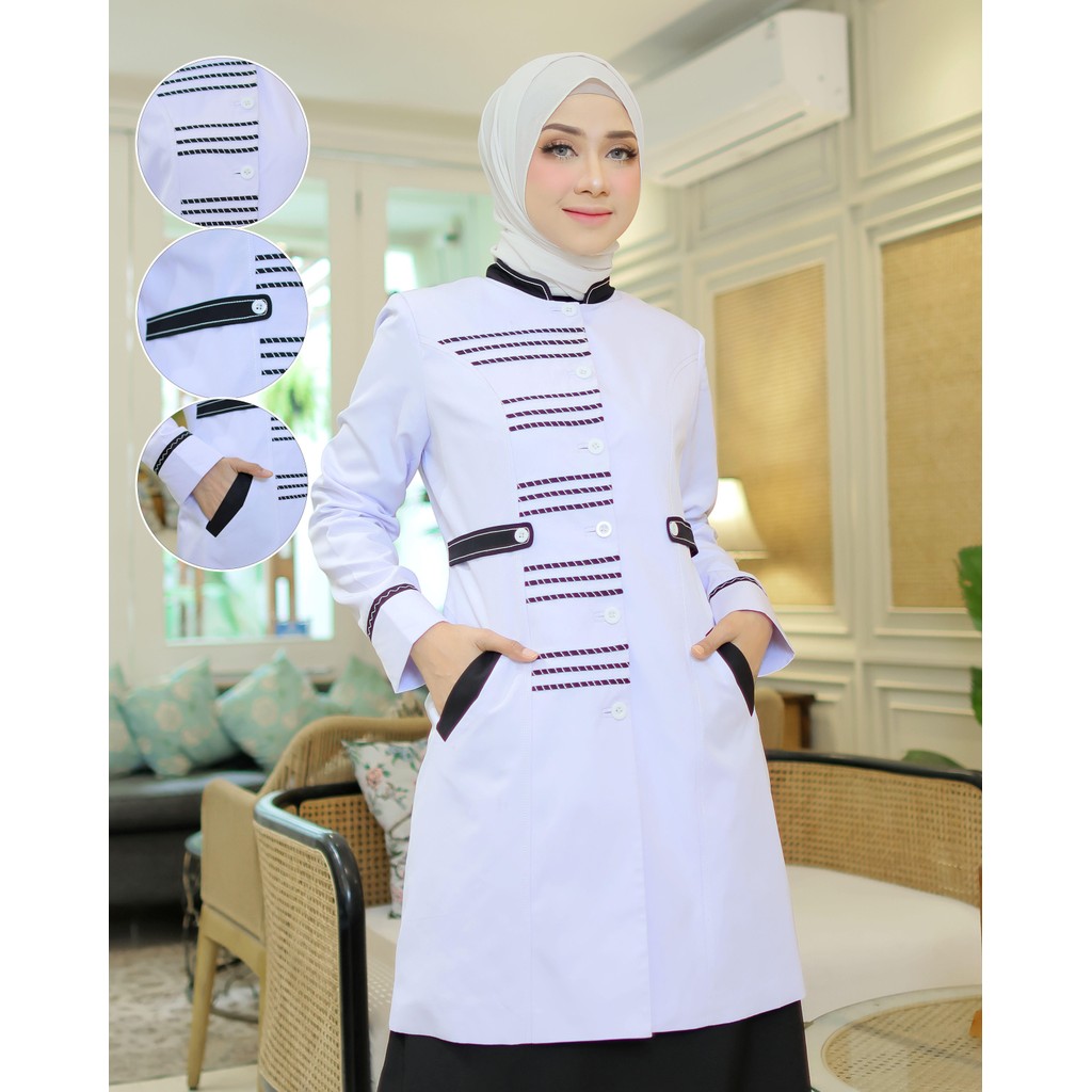 Seragam ASN tunik putih kombinasi hitam stik garis Wanita Setelan rok span/rok.A/Celana Panjang baha