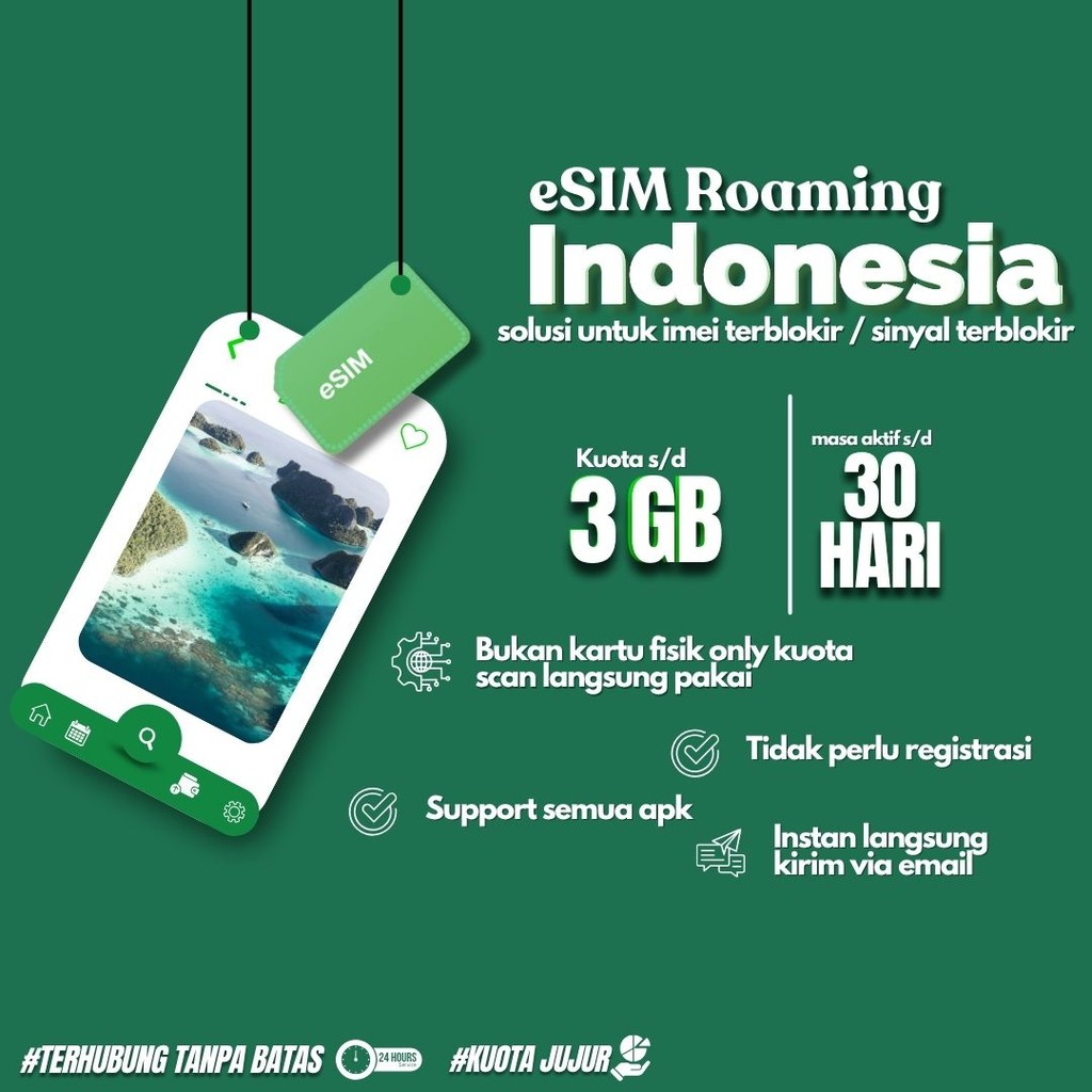 Auto Kirim 24Jam  eSIM Roaming Telkomsel Indonesia 3Gb 30 Hari | eSIM HP Blokir | eSIM IPHONE INTER 