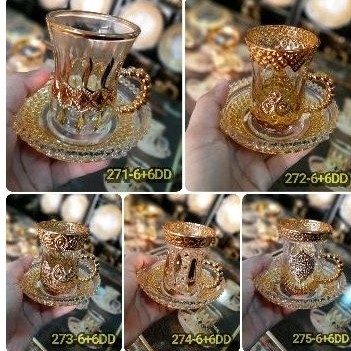 SET CANGKIR + TATAKAN arab kombinasi gold gelas turki CANGKIR TEH arab Tea set bahan kaca