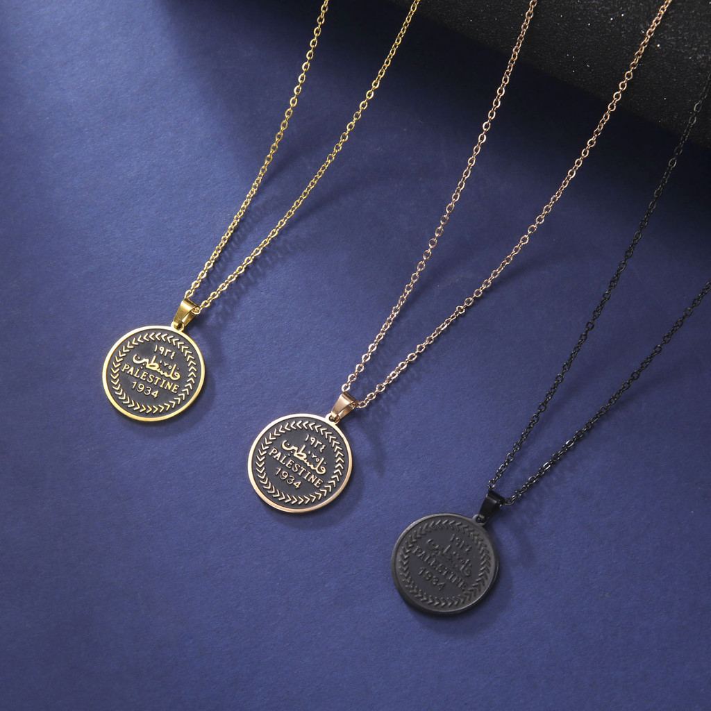 Kalung perhiasan Eropa dan Amerika diolesi kalung berpoles dua sisi merek bulat PALESTINA liontin ka