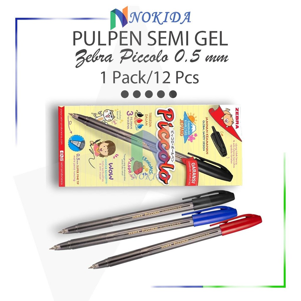 

Nokida Pulpen Pena Zebra Piccolo 0.5 mm [1 Pack/12 Pcs] / Peralatan Alat Tulis Sekolah / Kantor / Ballpoin Tinta Hitam Biru Merah