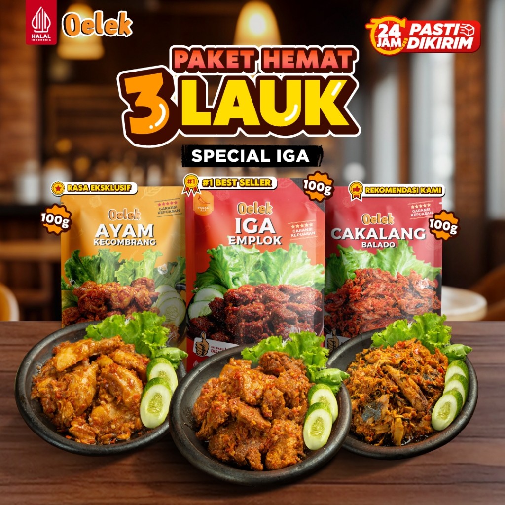 

Oelek Paket 3 Bebas Pilih Special Iga Emplok Tanpa Tulang / Iga Emplok / Cakalang Balado / Cumi Cabe Ijo / Ayam Kecombrang / Ceker Emplok