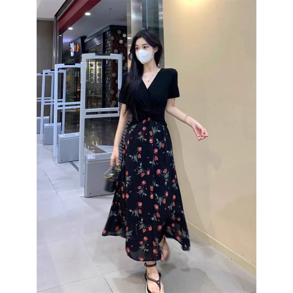 elegant dress pantai panjang press body wanita korea style beach black dress jumbo motif bunga