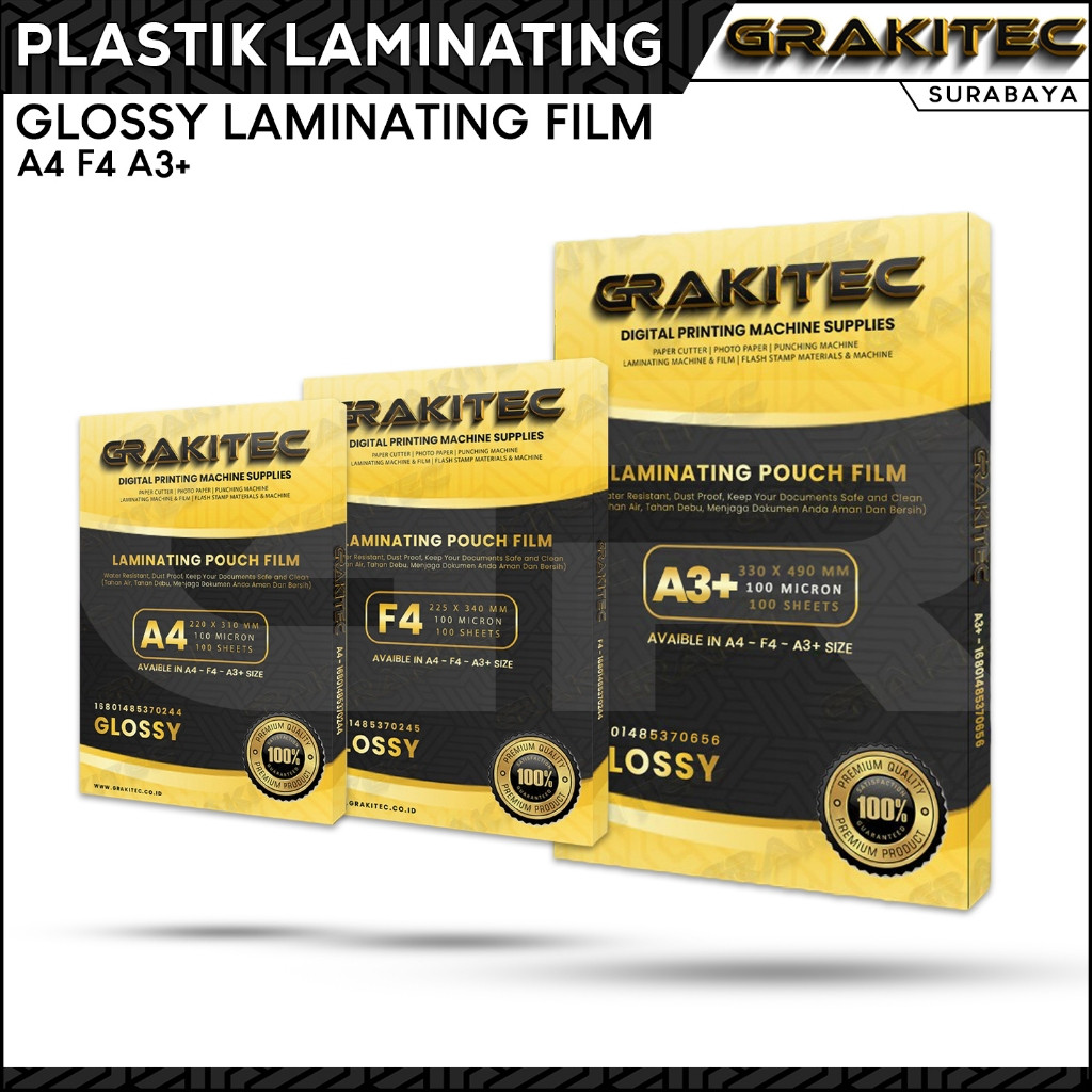 

Plastik Laminating Film F4 A4 A3+ Glossy 100 Micron 100 Pcs Grakitec sby