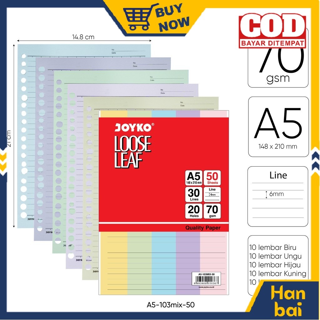 

Kertas A5 Loose Leaf Color Isi Kertas File Binder Warna Joyko A5 50 Lembar LPG