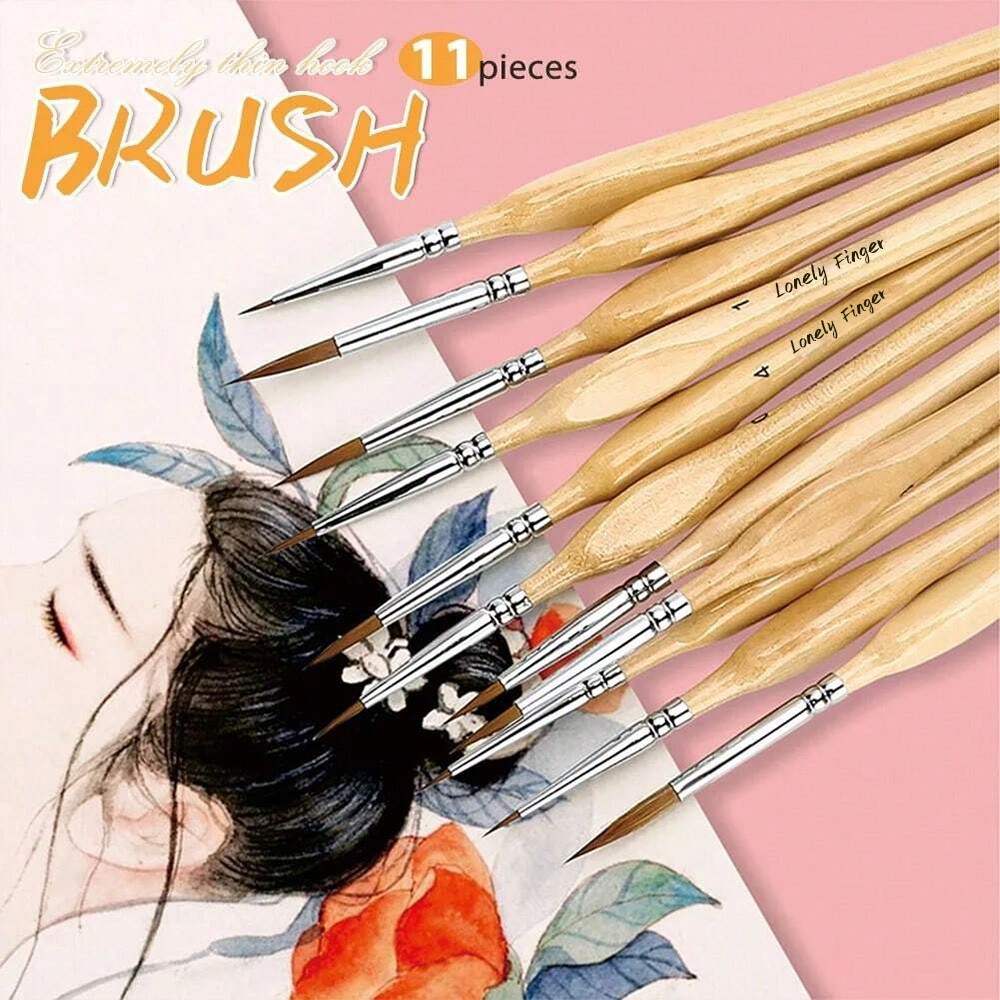 

11pcs Premium Miniature Detail Paint Brush Set With Natural Wood Triangle Rod For Watercolor Oil Craft Models Line Drawing