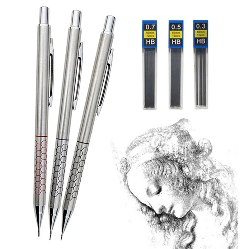 

0.5 0.7 0.9mm Metal Mechanical Pencil with Eraser Set 2B/HB Lead Art Sketch Drawing Supplies Automatic Pencil Writing Stationery