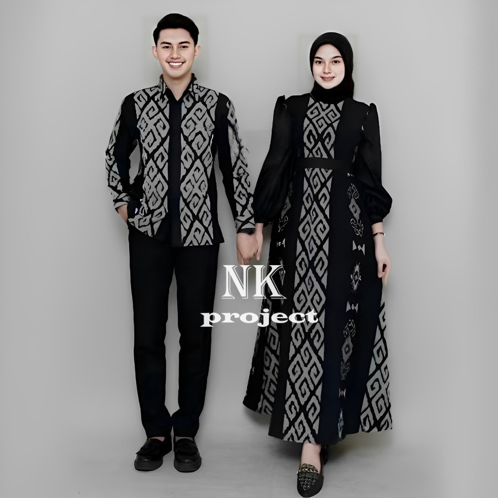 Baju Tenun Couple Hitam Setelan Kondangan Gamis Kemeja Pria Wanita Lebaran Kekinian Modern NK PROJEC
