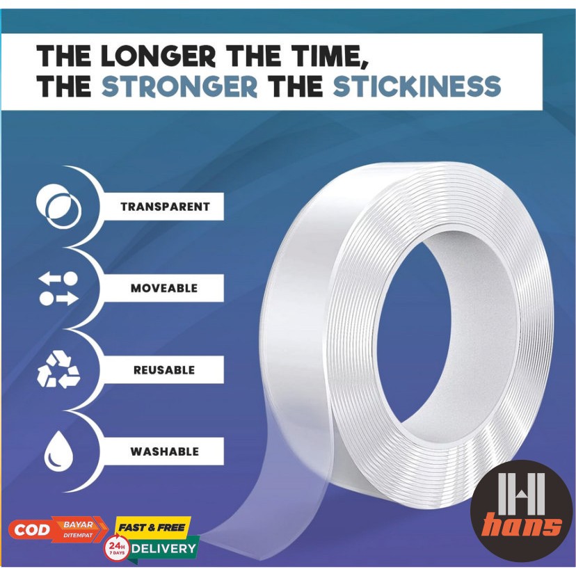 

Nanotech Acrylic PU Gel Tape Roll Perekat Dua Sisi Pita Tempel Magic Gel Ajaib Dapat Dicuci Dipakai Ulang