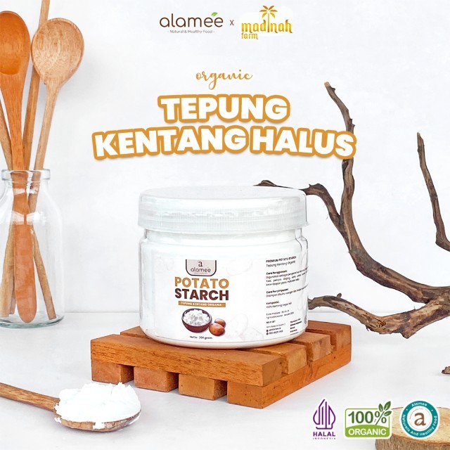 

ALAMEE Tepung Kentang Halus Potato Starch Tepung Kue PREMIUM Mashed Long Potato Powder 200gr madinah