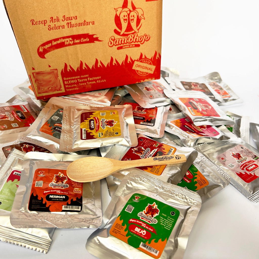 

SamBhojo - Sambal Sachet Paket 1kg (50pc) Sambal Baby Cumi, Sambal Bawang, Sambal Terasi, Ijo, Sambal Paru, Sambal Teri Medan, Ati, udang, Sambal Pete, ikan Asin, Sambal Roa-Gratis Sendok Eksklusif
