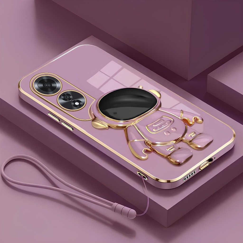 Softcase Oppo A60 A57 A77 A77s Case Luxury Dudukan Lipat Astronot Plating Free Tali Lanyard