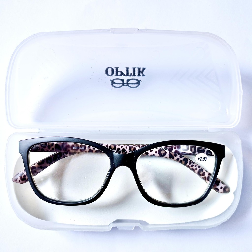 Kacamata Baca Wanita Sport Model Cat Eyes ukuran +1.00 s/d +3.00 Frame Warna Hitam Tangkai Leopard E