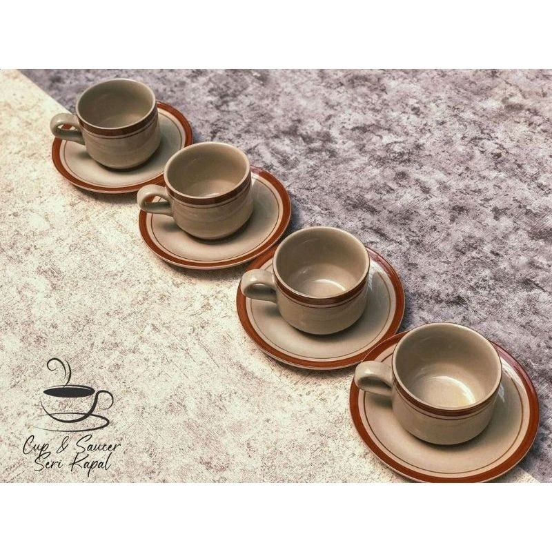 CANGKIR LEPEK KERAMIK LIST COKLAT /CANGKIR LEPEK LINEA ( Isi 6 cangkir 6 lepek ) | CANGKIR KOPI | CA