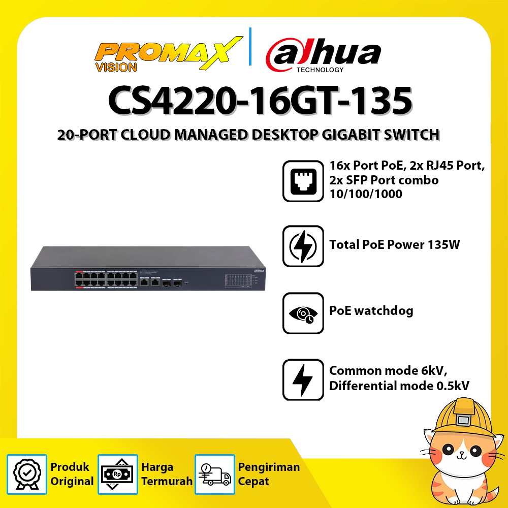 DAHUA CS4220-16GT-135 20-PORT CLOUD MANAGED DESKTOP GIGABIT SWITCH WITH 16-PORT POE