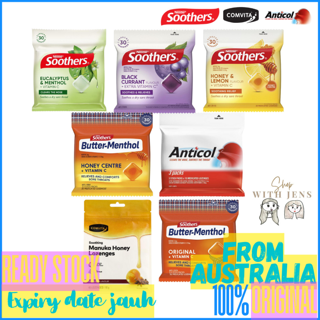 

Soothers Anticol Butter-Menthol ButterMenthol Comvita MADE IN AUSTRALIA 3x10 30 Throat Lozenge Packs Pereda Tenggorokan & Hidung Tersumbat