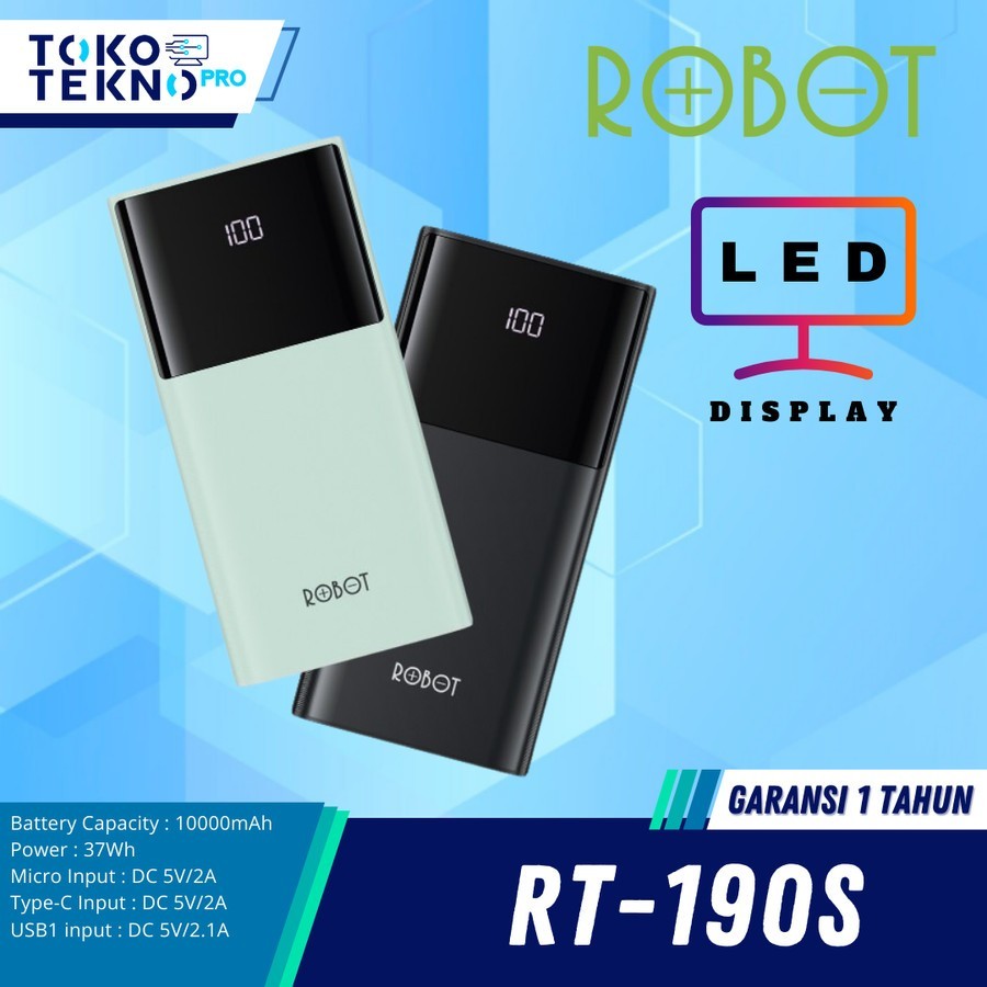 Robot RT190S / RT-190S / RT190-S PowerBank 10000mah 2.4A Dual Input Port Type C & Micro US