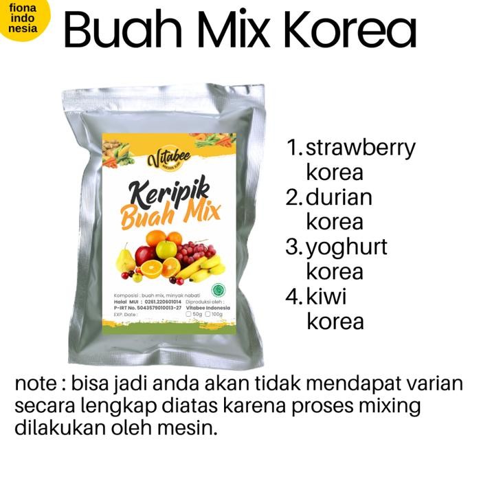 

Dried Fruit Keripik Kripik Buah dan Sayur Korea Vitabee Strawberry Okra Durian Kiwi Buah Tin 50gr - Buah Mix Korea, 50 gram