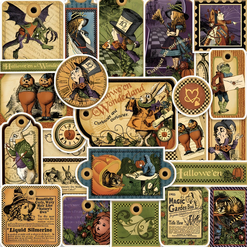 

54 Pcs Alice in Wonderland Theme Stickers Vintage Tag Stickers for Water Bottle Laptop Junk Journal Scrapbook Supplies