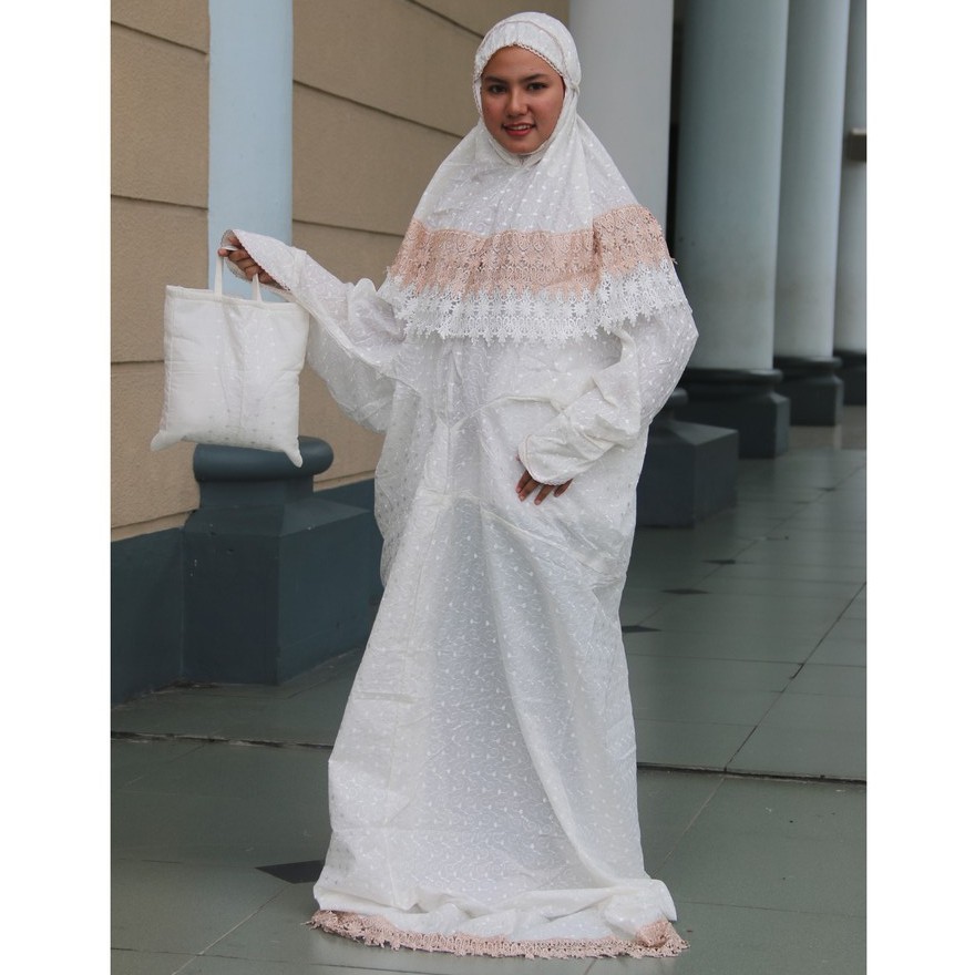 Ready Stock mukena dewasa terusan katun jepang prada bordir jumbo renda dobel coklat putih murah pre