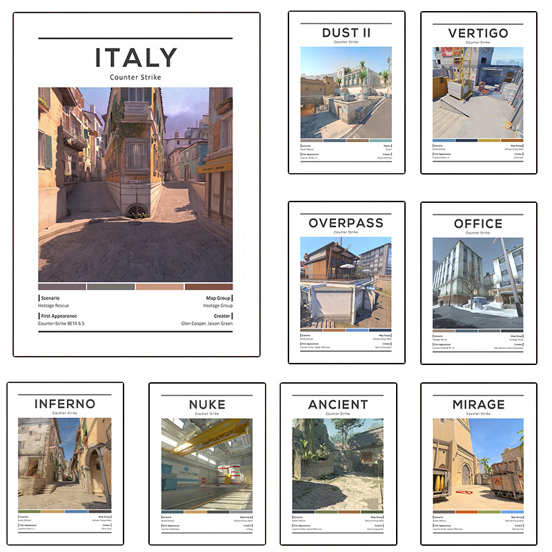 

CS2 Minimalist Vertical Map Poster Counter Strike Classic Game Scene Canvas Printing Wall Art Picture for Gaming Room Home Decor