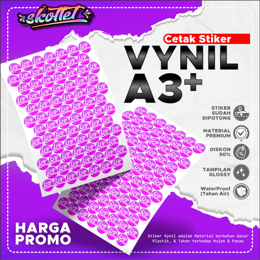 

Cetak Stiker Vynil A3 Termurah & Tahan Air | Stiker Label Kemasan - Free Desain