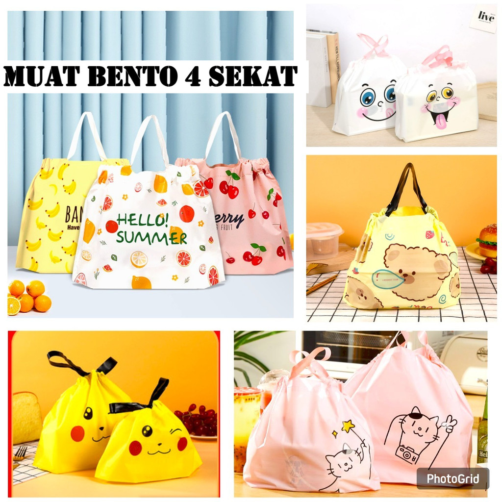 10Pcs Kantong Plastik Serut Tas Shopping Bag Serut  Muat Bento 4 Sekat Totebag Karakter Tote Shoppin