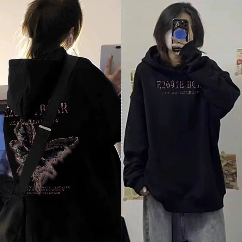 Qlioo Sweater Hoodie Oversize Wanita Fashion Pink Butterfly Hoodie Wanita Tebal Premium Ori