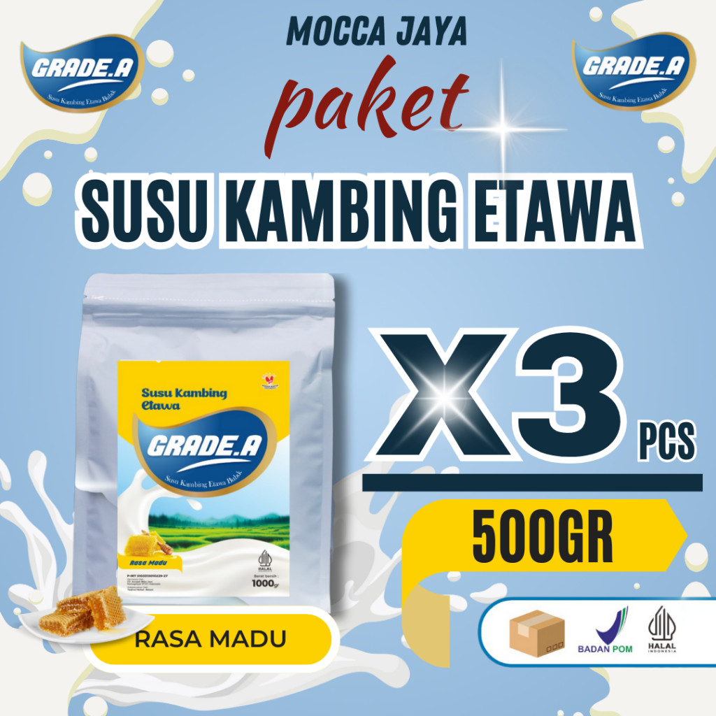 

PAKET 3 PCS GRADE.A SUSU KAMBING ETAWA BUBUK RASA MADU 500GR