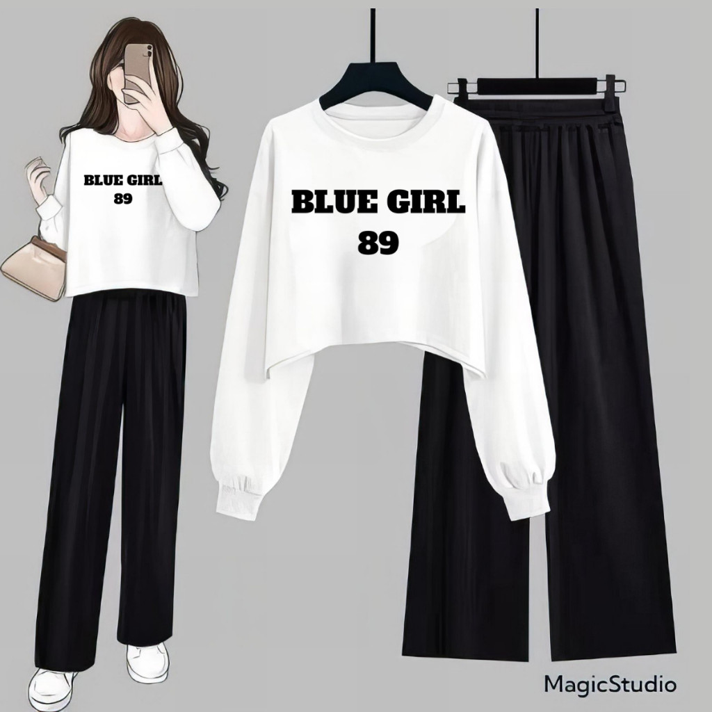 【HOT】 One Set Remaja Setelan Celana Kulot Moola Dan Crop Top Big Size Blue Girl 89