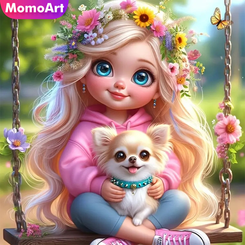 

MomoArt Diamond Embroidery Girl Portrait Painting Dog Cross Stitch Kid Mosaic Cartoon Picture Rhinestones Handmade Gift