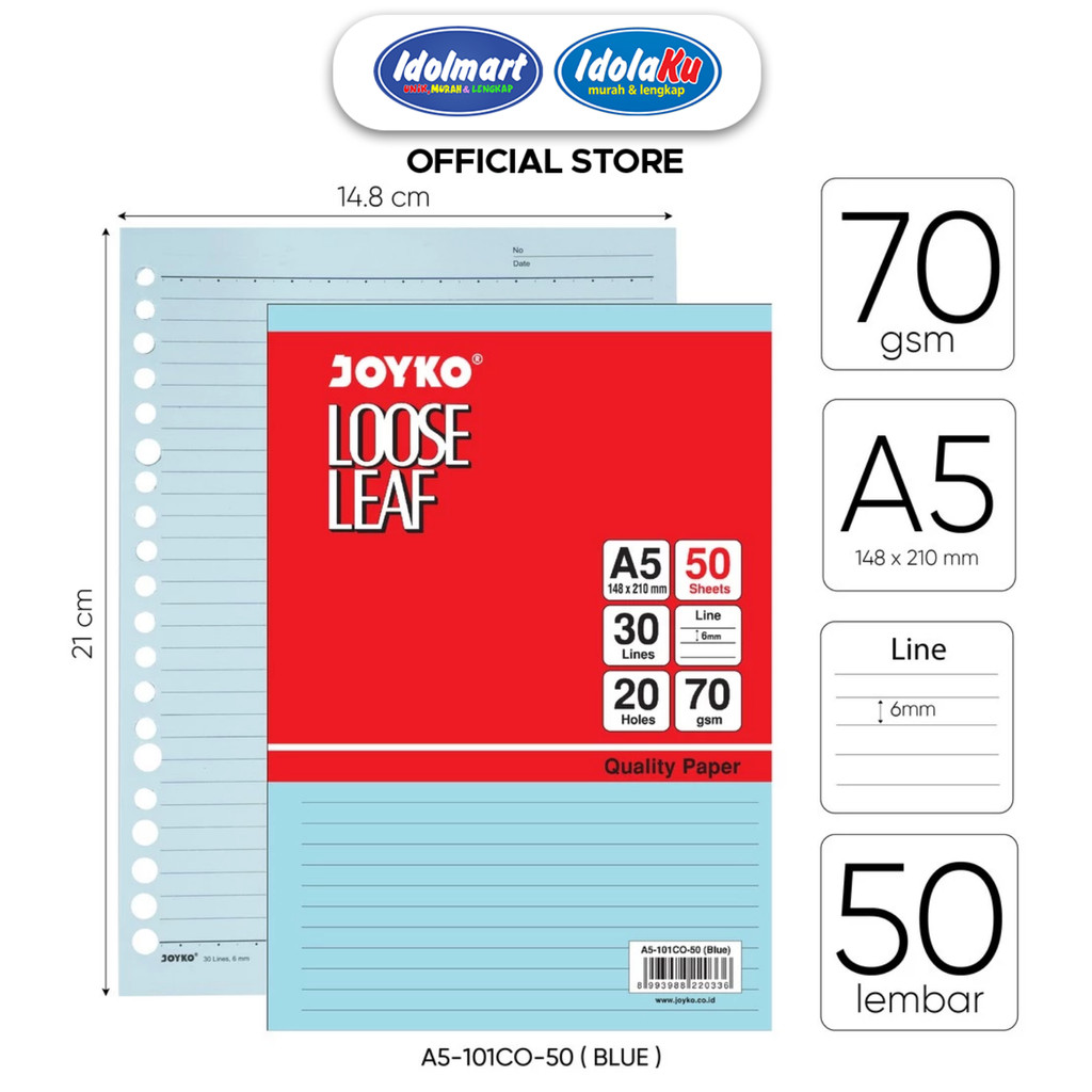 

IDOLMART JOYKO Loose Leaf A5 Isi 50 Lembar Kertas Binder Warna Biru 70gsm 20 Lubang