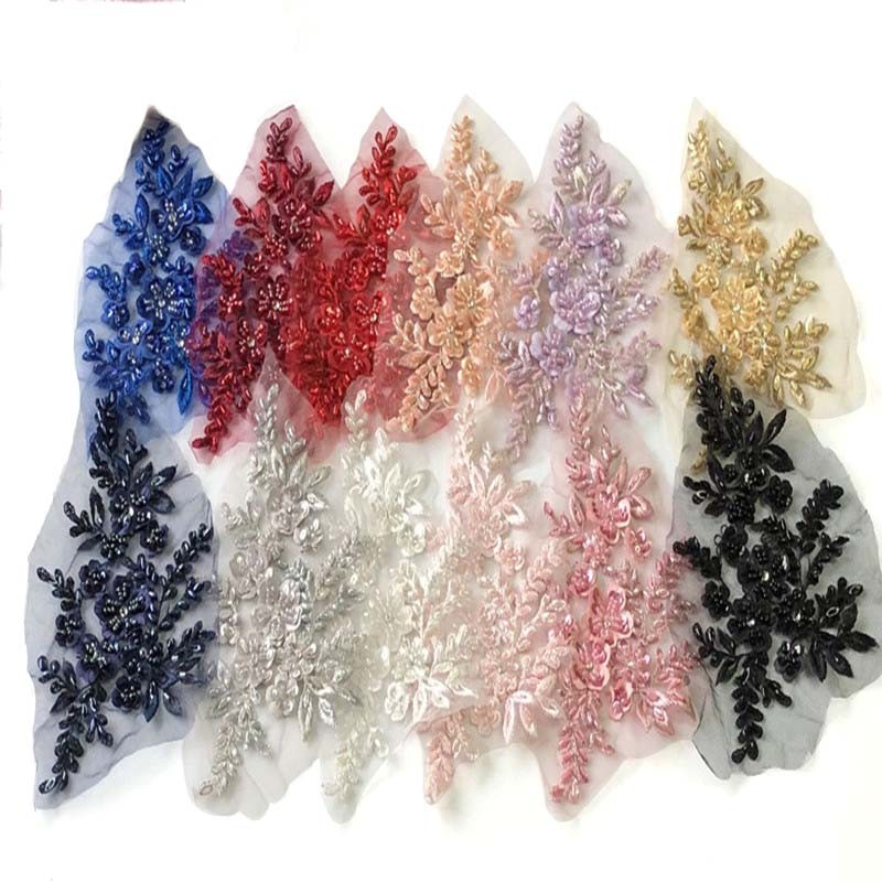 

1Pair=2PCS/21*22CM 3D Beaded Flower Gown Appliques Sewing Patch,Lace Sequin Embroidery Applique Sew On Patches For Dresses
