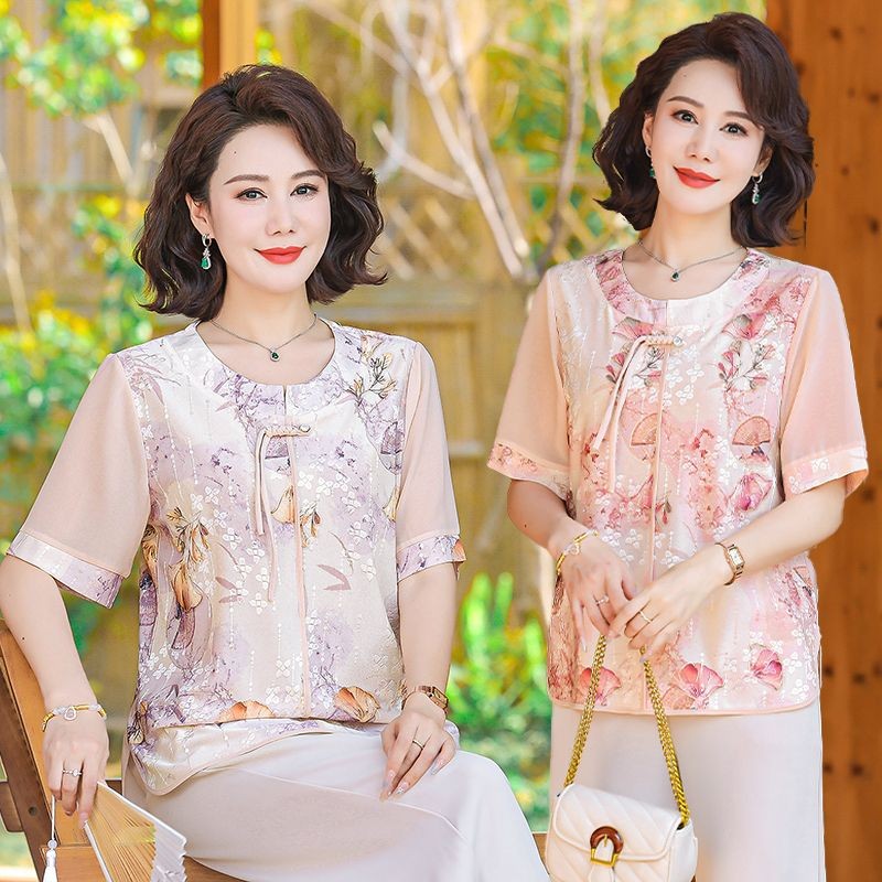 Atasan lengan pendek gaya Cina musim panas wanita atasan lengan pendek nenek-nenek paruh baya dan la
