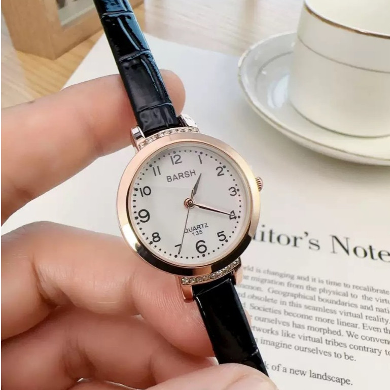 Jam Tangan Wanita Fashion Tali Kulit Analog Kecil Gaya Korea Barsh Kaca Pelangi Angka