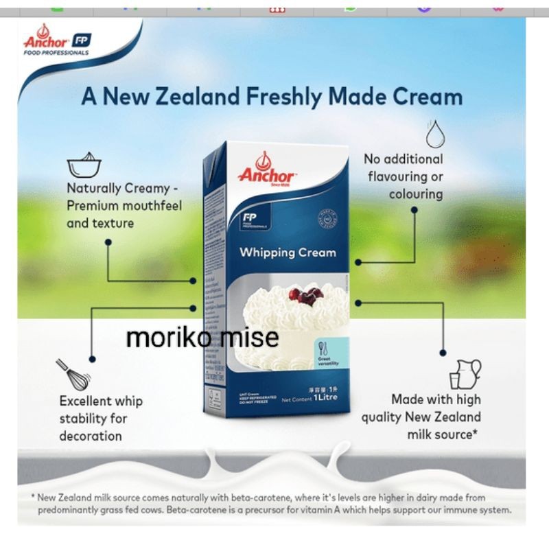 

[ 1 LITER ] ANCHOR WHIPPING cream 1 lt / extra yield ANCHOR cooking cream krim masak whip Elle & vire heavy cream MILLAC murah