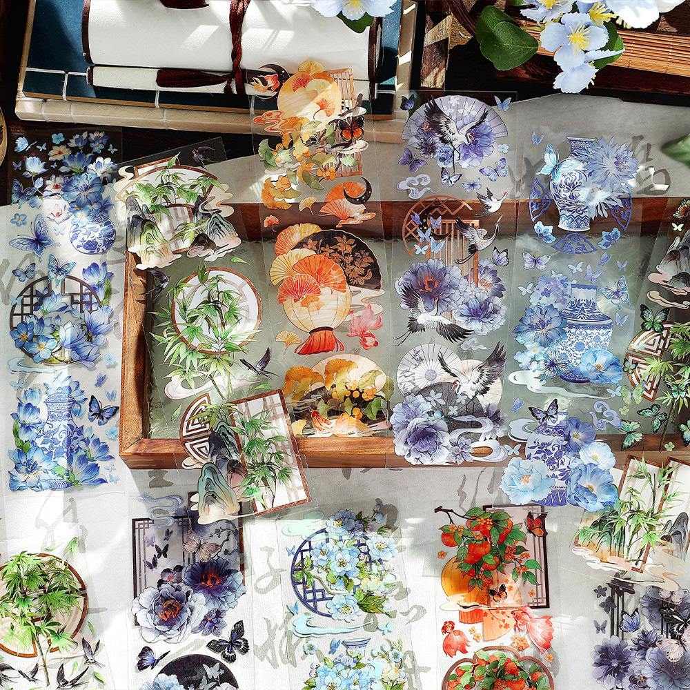

3pcs Chinese style Oil painting style Flat sticker aesthetic Decorative Stick Labels Scrapbooking material Junk Journal Supplies