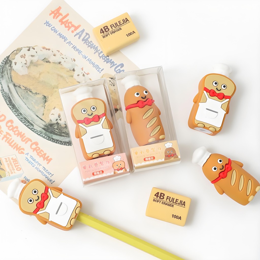 

Silicone Manual Pencil Sharpener, Adorable Cartoon Hot Dog Toast Design with Eraser, Back to School Stationery for Children