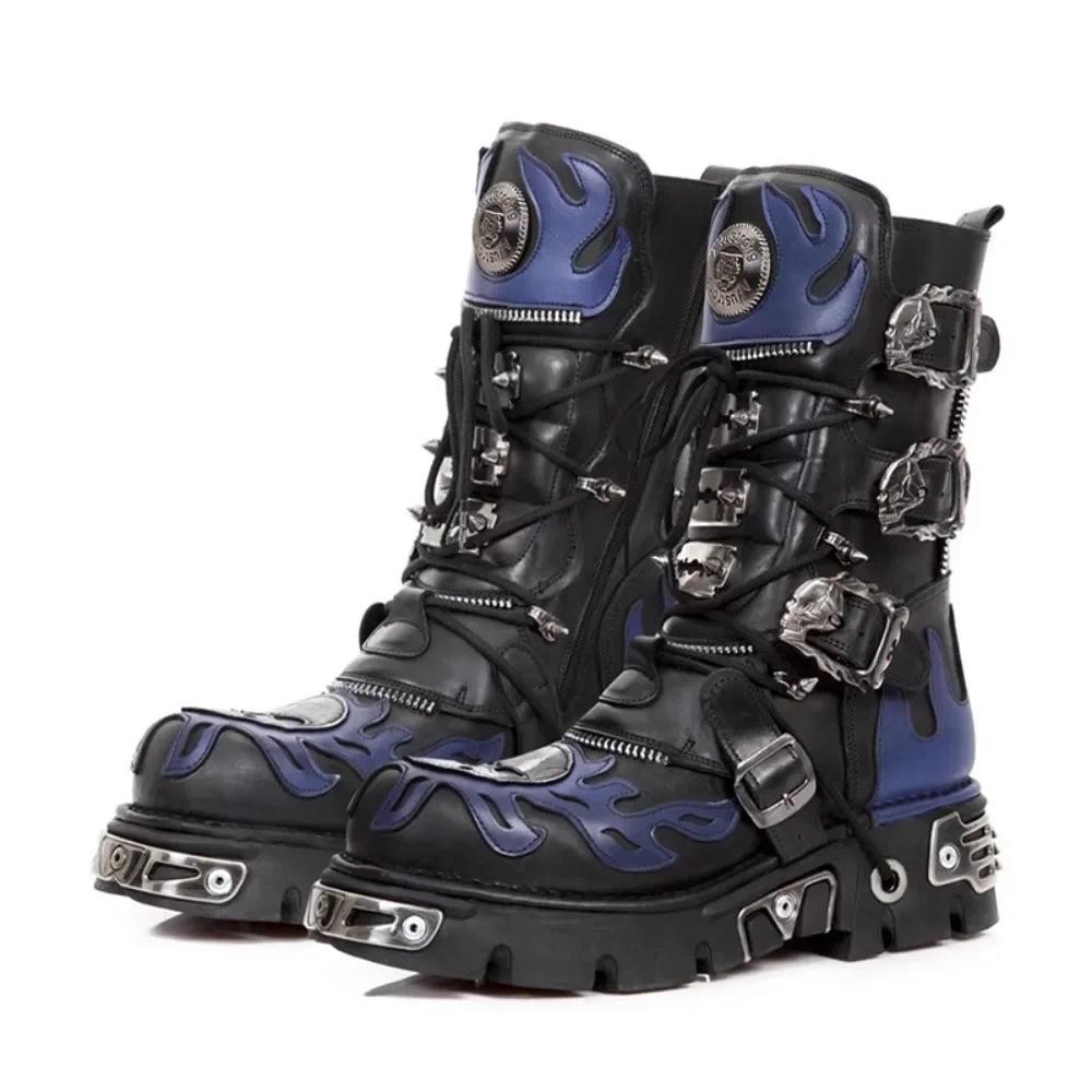 New Men's Flame Metallic Goth Skull Punk Motorcycle Boots Platform Mid-Calf Boots Rock Round Toe Zip