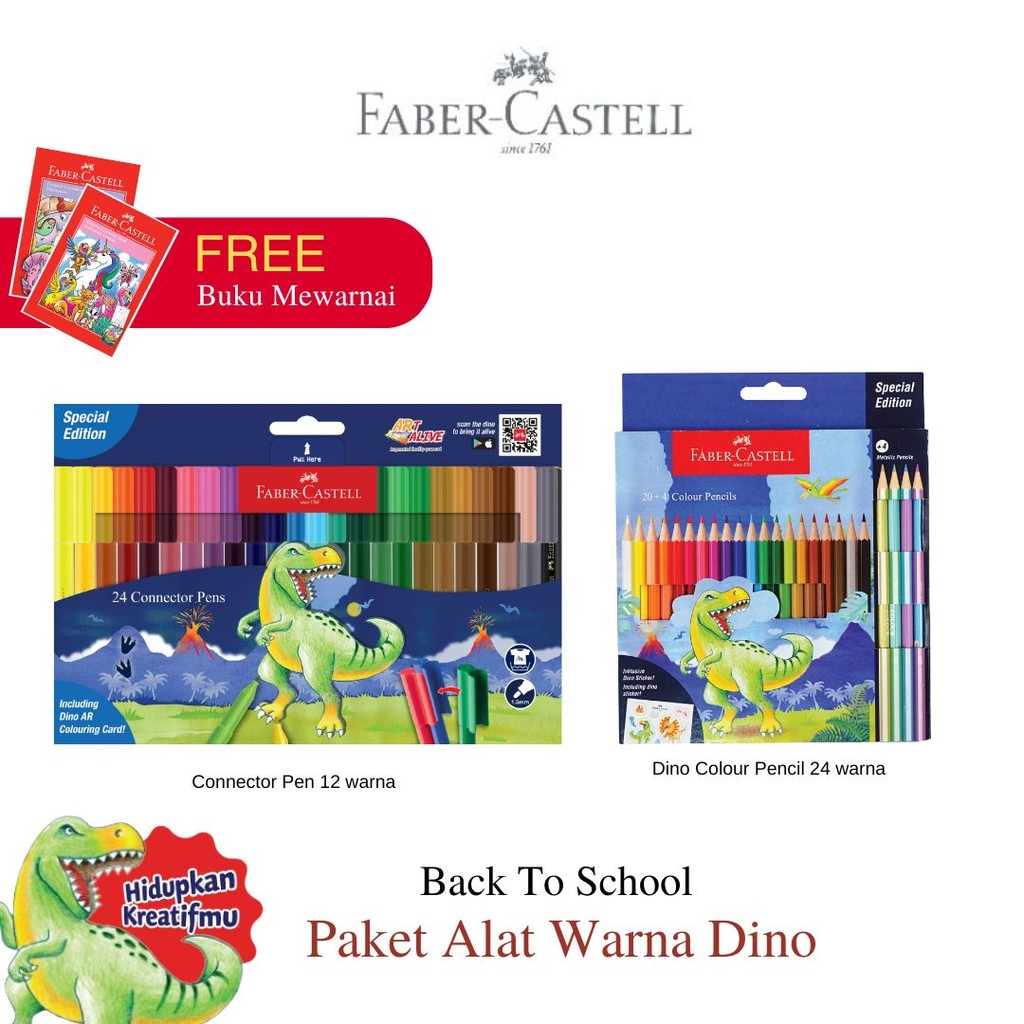 

Faber-Castell Alat Mewarnai – Connector Pen Spidol warna marker 24 + Pensil Warna 24 (Special Dino Edition)