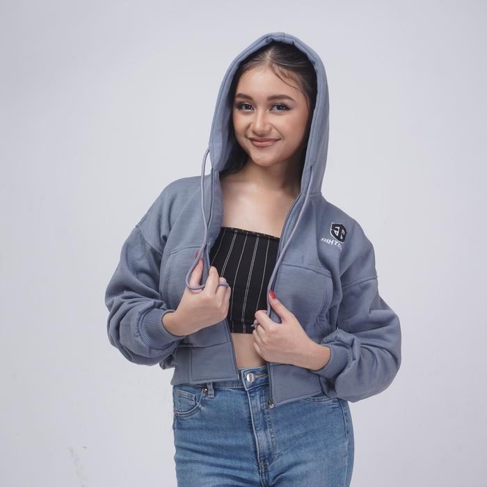 SIXTEEN crop zipper sleting hoodie bahan fleece tebal - DENIM, L     Terlaris