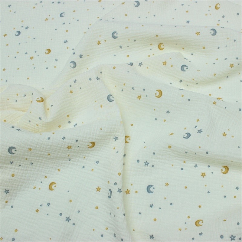 

Soft and Breathable Double Muslin Cotton Fabric for Children's Wear and Bedding with Adorable Star Moon Patterns,135x50cm