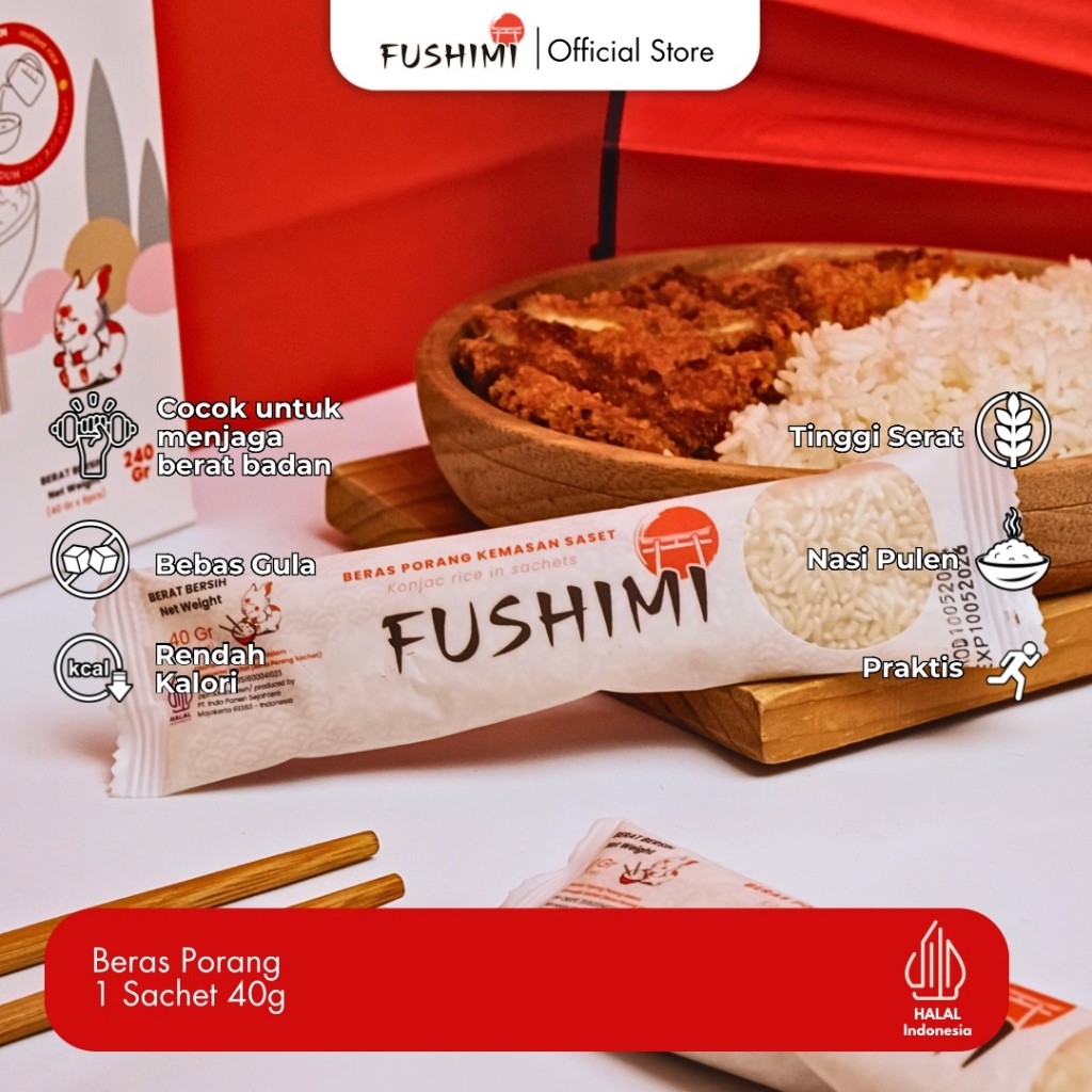 

FUSHIMI BERAS PORANG SACHET 40gr beras sehat diet Shirataki nasi porang Halal Murah Healty Konjac Rice Instant Siap seduh pas satu porsi